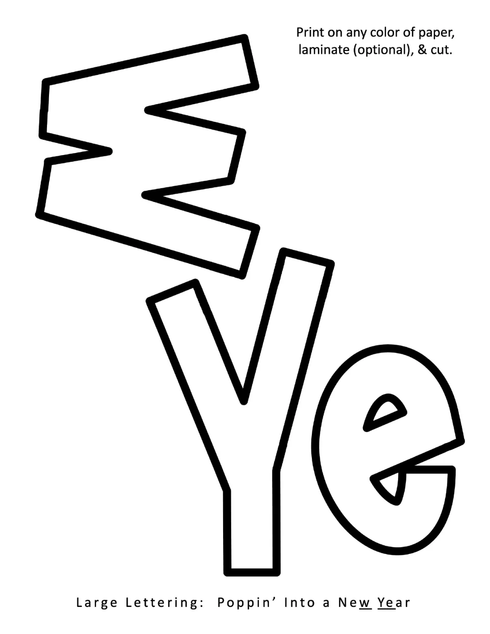 Large outline letters w, Y and e that finish New and start Year, set at angles on the page for cutting out and mounting