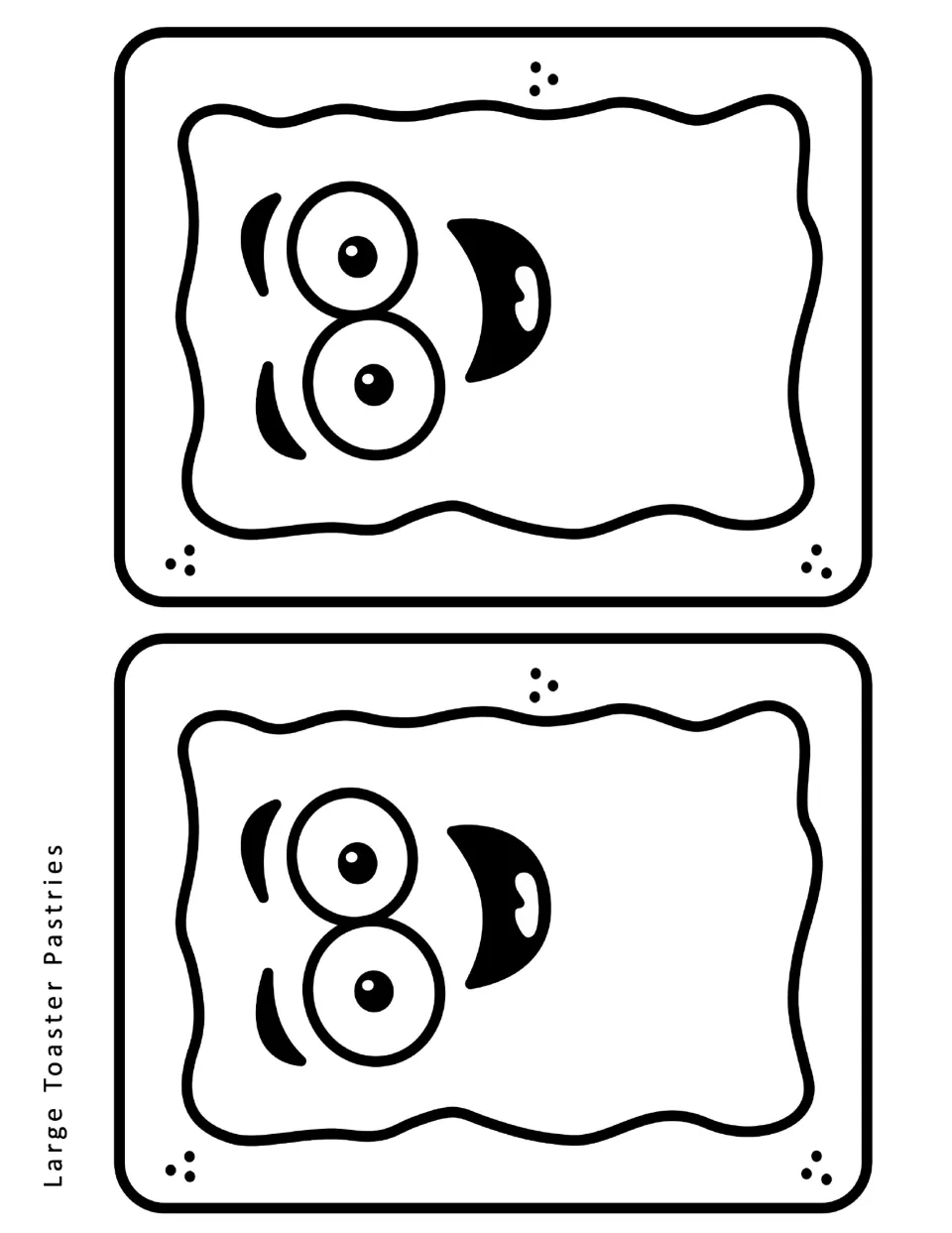 Two large toaster pastry cutouts with wavy frosting, sprinkles and a surprised face with wide eyes and an open smile