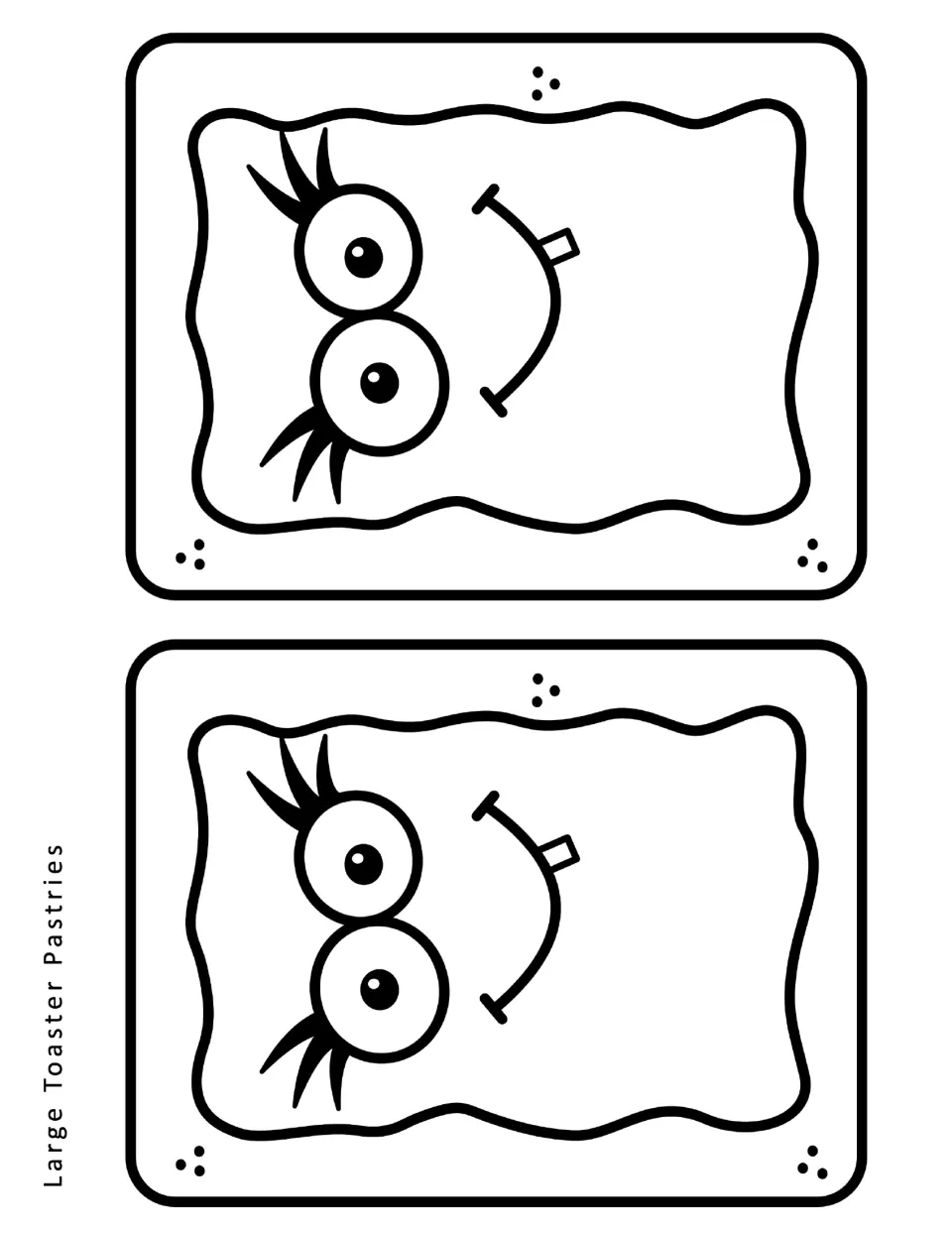 Two large toaster pastry cutouts with a cheerful face featuring long eyelashes and a wide grin with one tooth showing