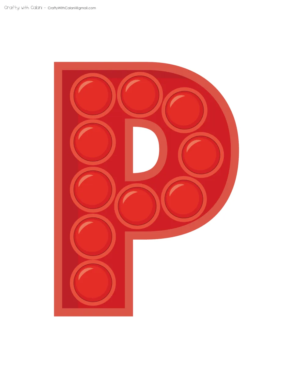 Red letter P with 10 glossy push-pop bubbles, the first letter of the POPPING display, printed full page for cutting out