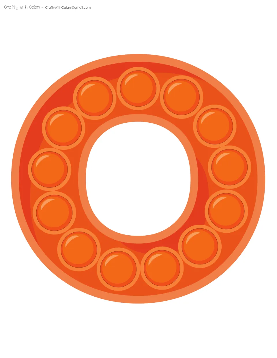 Orange letter O ringed with 13 shiny pop-it style bubbles, the second letter of the word display, ready to trim out