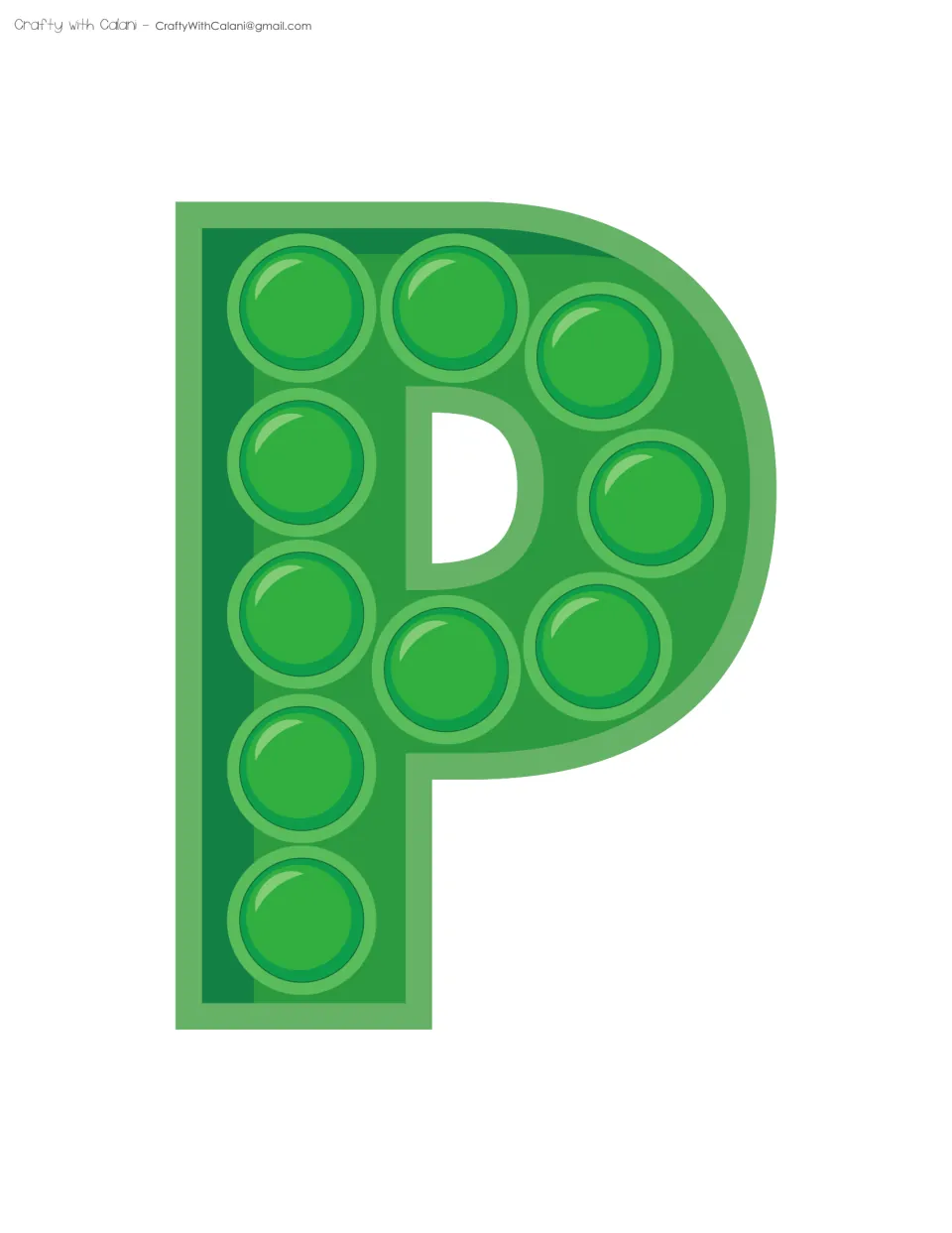 Green letter P with 10 pop-it bubbles, the fourth letter of the word, printed large to cut out and mount on a wall