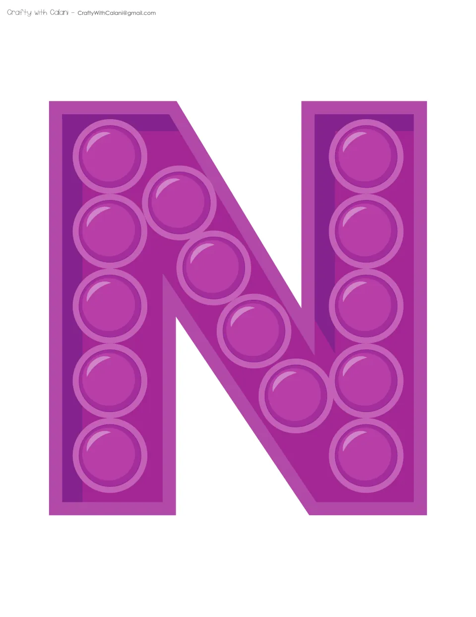 Purple letter N filled with 14 shiny push-pop bubbles, the sixth letter of the title, sized to fill a whole page