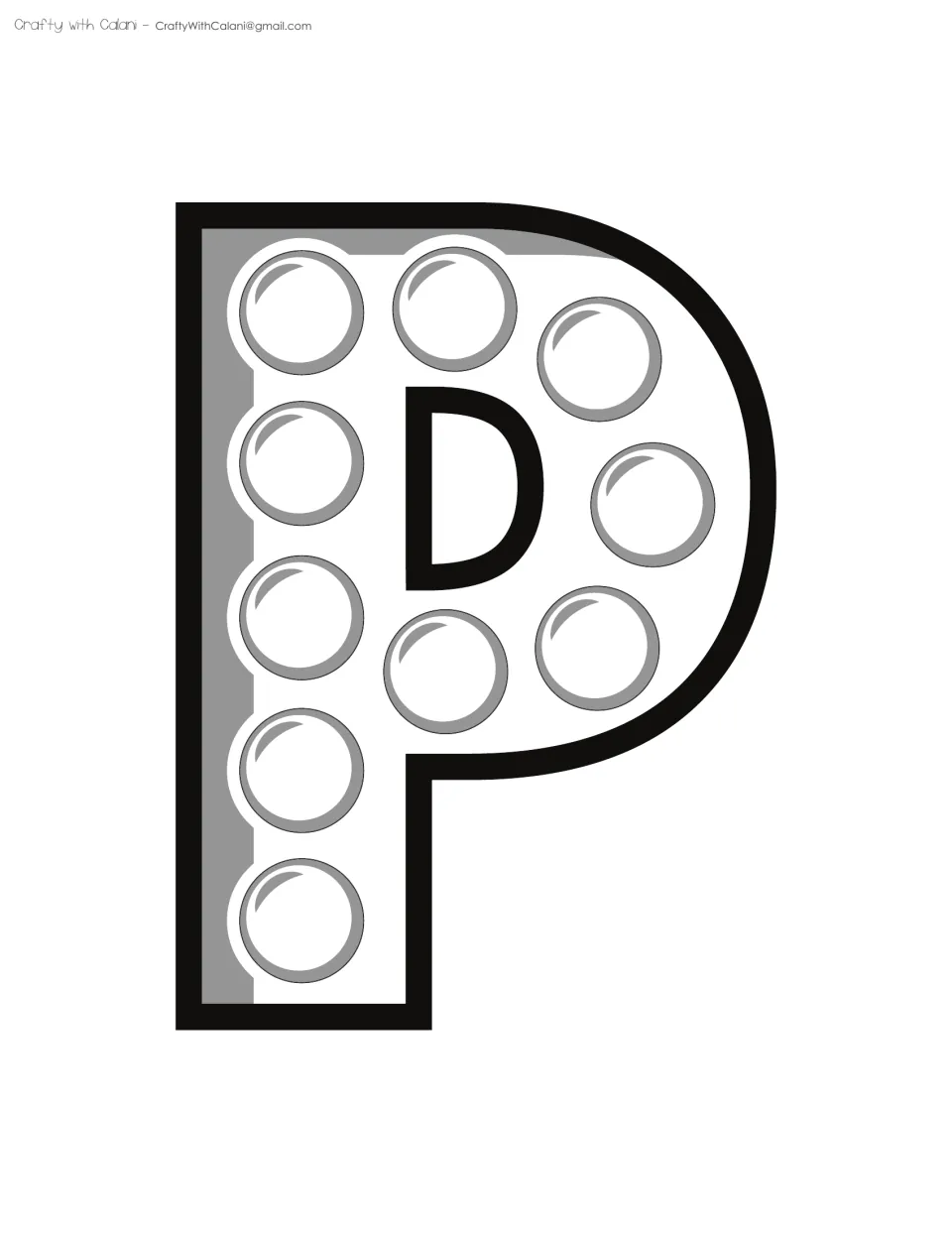 Black-and-white outline of the letter P with 10 empty bubbles, the first letter of a printer-friendly POPPING version