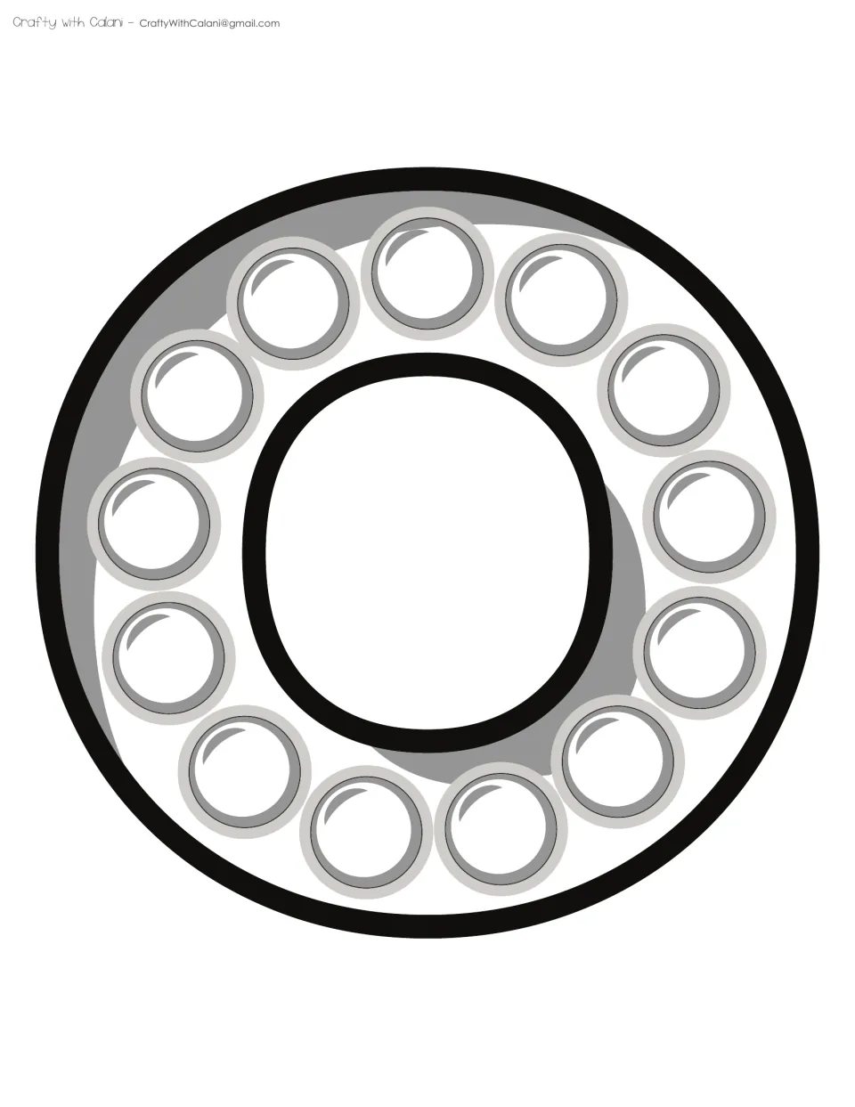 Black-and-white outline letter O with a ring of 13 blank bubbles from the printer-friendly letters, ready to color