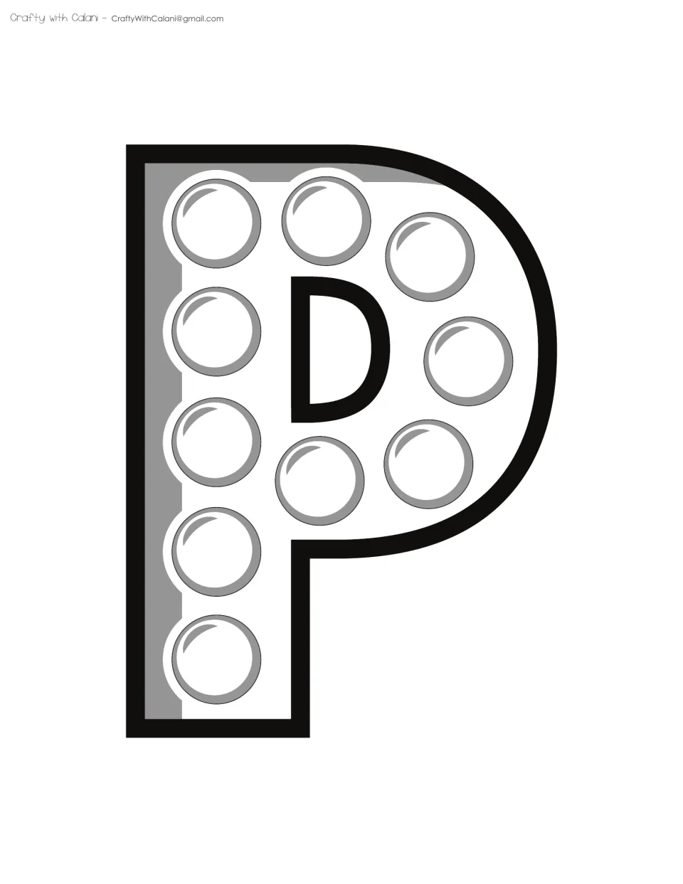 Outline letter P in black and white with 10 blank bubbles, the second P of the uncolored letters to color