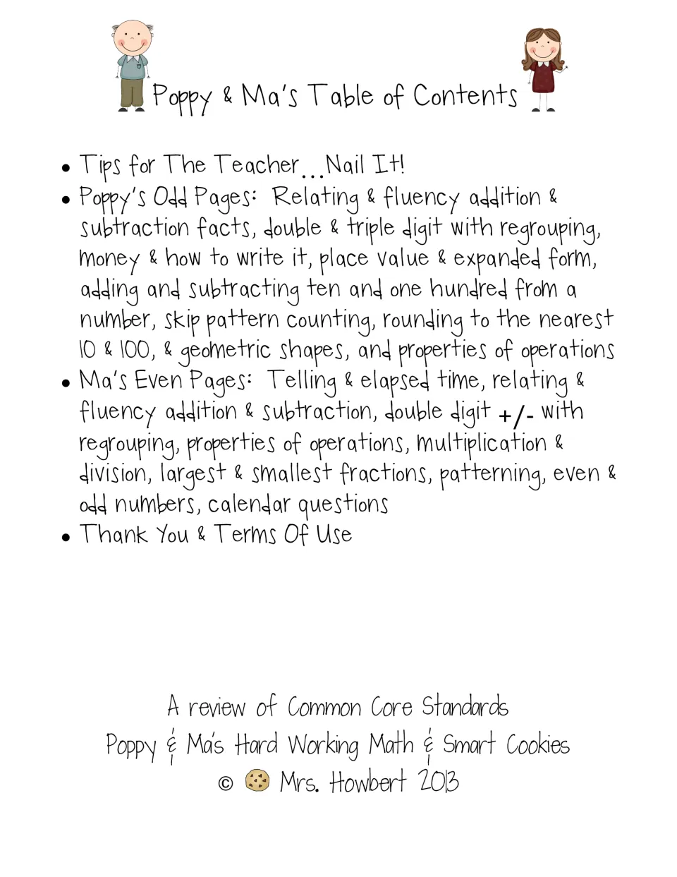 Table of contents listing skills on Poppy's odd pages and Ma's even pages, from regrouping and money to time and fractions