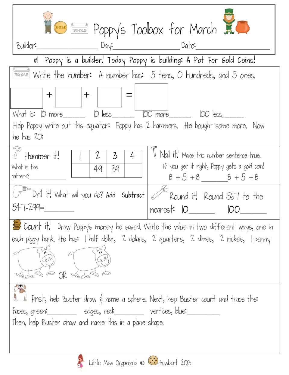 Sheet #1, a pot for gold coins: expanded form for 5 tens and 5 ones, 547-299, round 567, count coins and draw a sphere