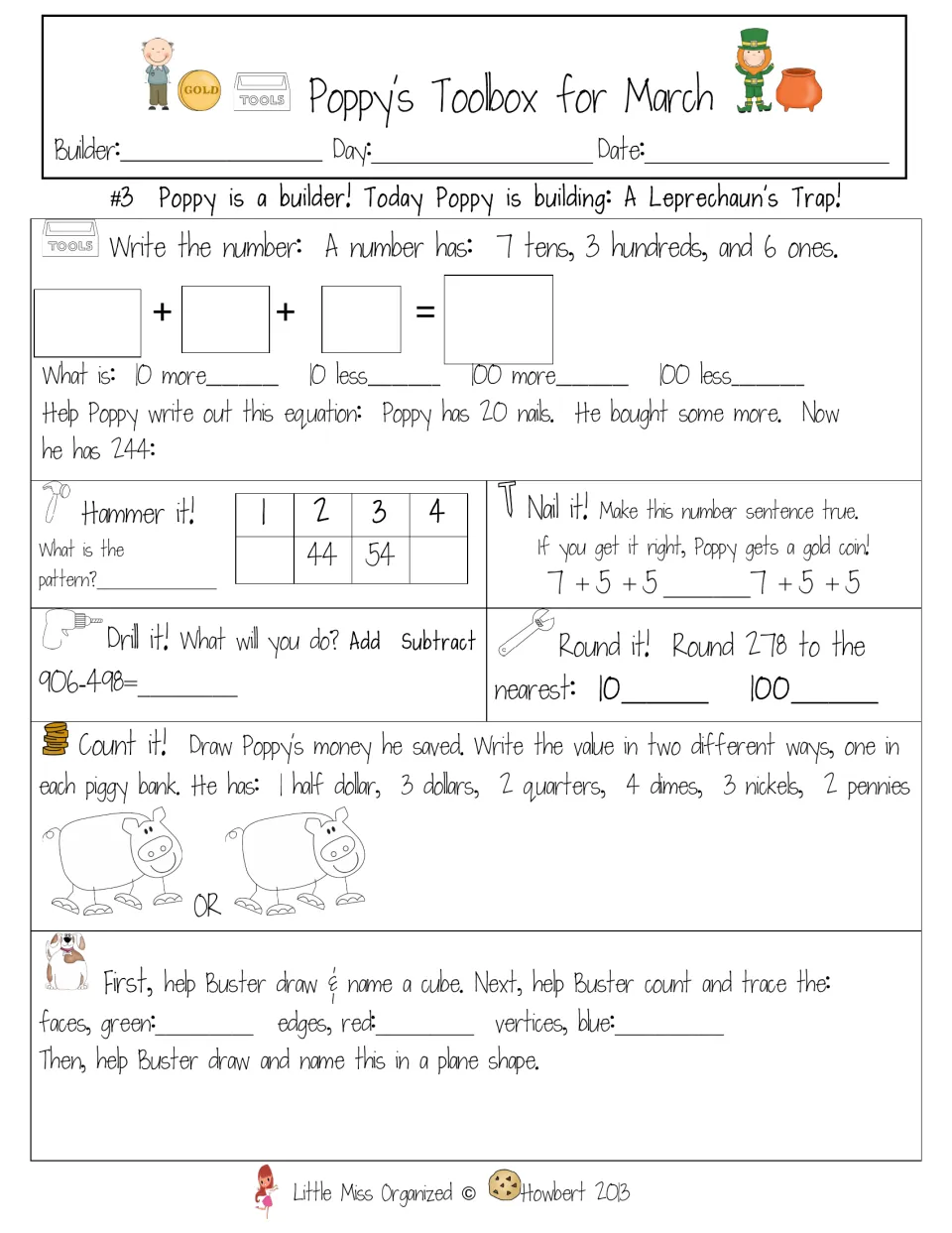 Sheet #3, a leprechaun's trap: write 3 hundreds 7 tens 6 ones, solve 906-498, round 278, count money and draw a cube