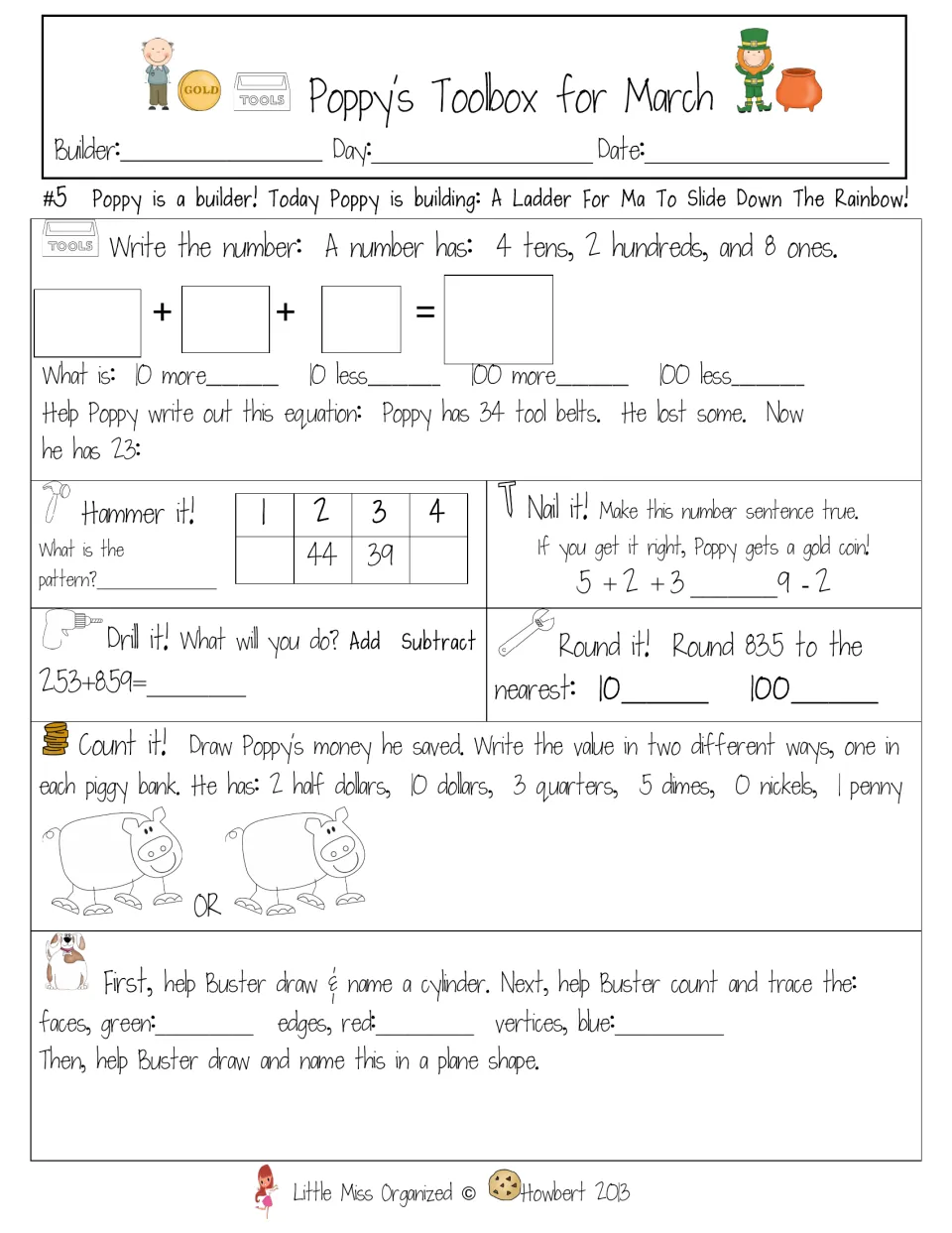 Sheet #5, a ladder down the rainbow: place value for 248, add 253+859, round 835, compare 5+2+3 to 9-2, draw a cylinder