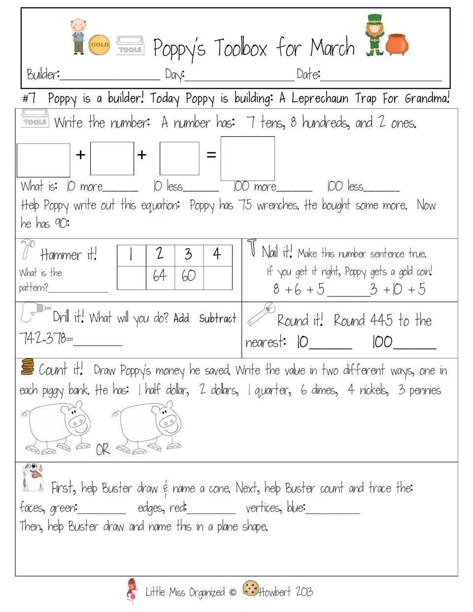 Sheet #7, a leprechaun trap for Grandma: 75 wrenches word problem, 742-378, round 445, coin values and a cone to draw