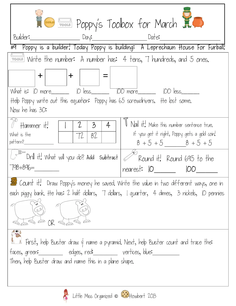 Sheet #9, a leprechaun house for Furball: 65 screwdrivers problem, add 798+896, round 695, skip pattern and a pyramid