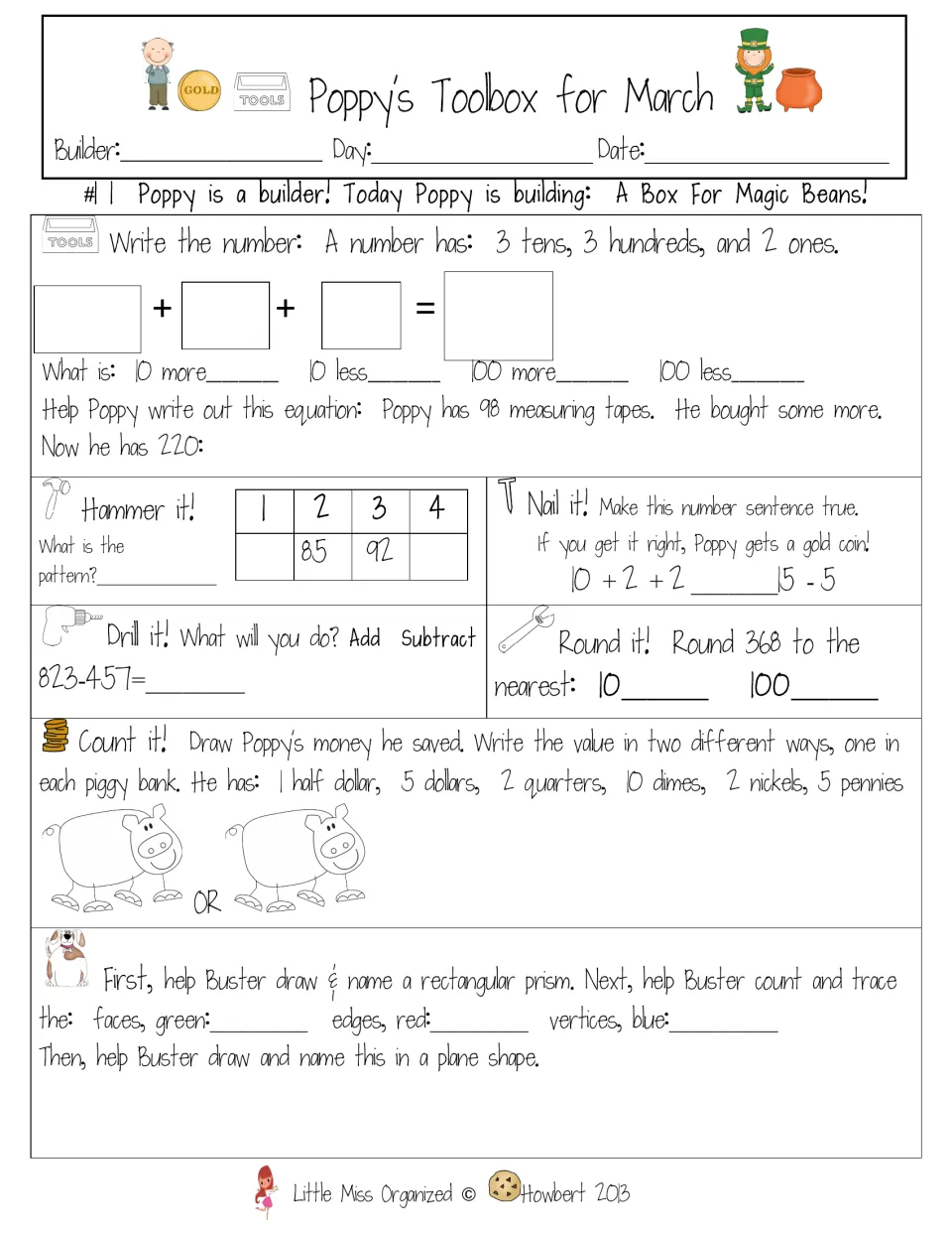 Sheet #11, a box for magic beans: expanded form of 332, 823-457, round 368, compare 10+2+2 to 15-5, rectangular prism