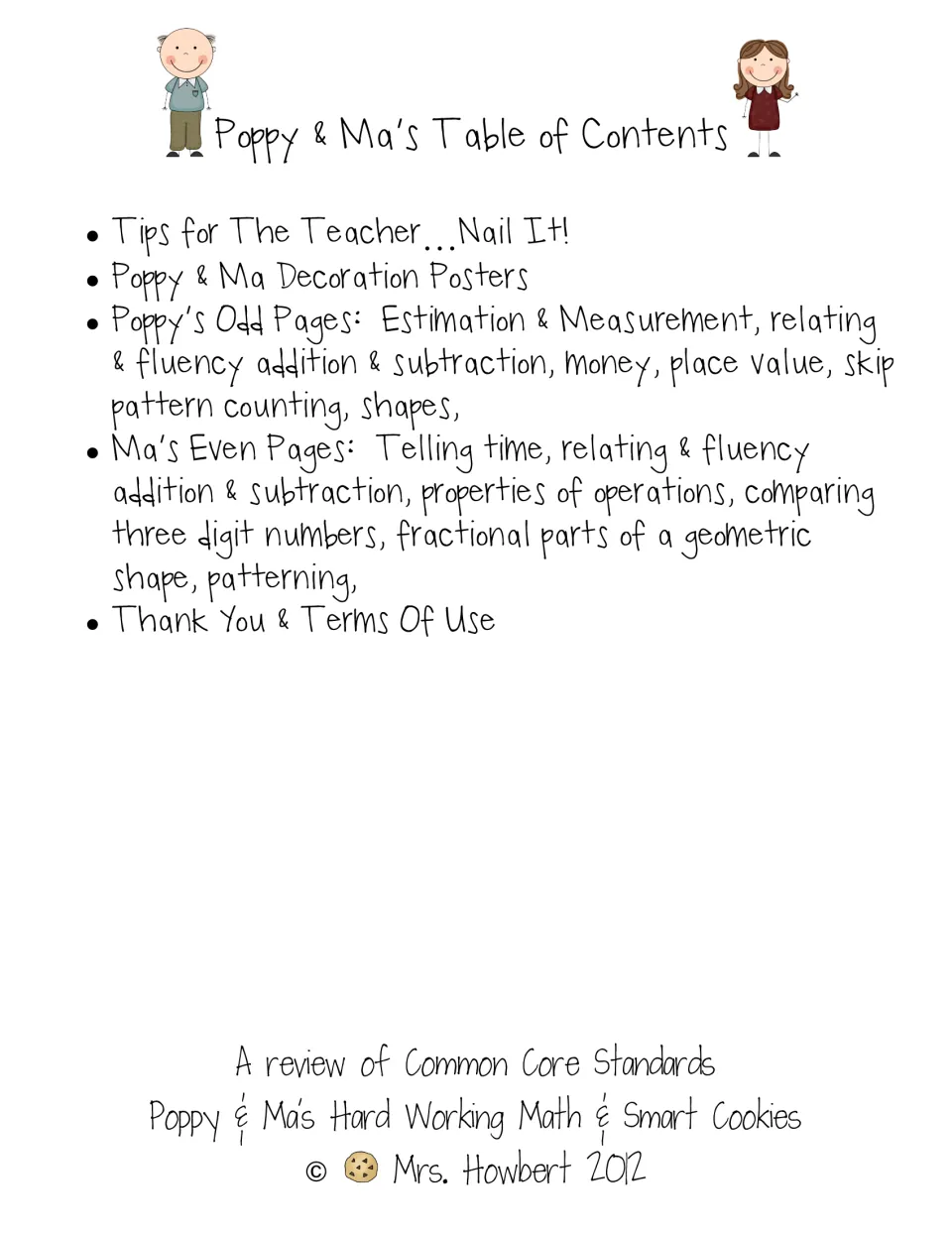 Table of contents listing teacher tips, decoration posters, Poppy's odd-page skills, Ma's even-page skills and terms