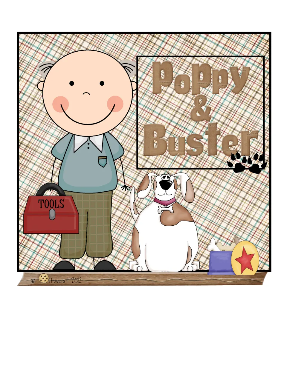 Poppy & Buster poster: a smiling man holding a red TOOLS box beside his spotted dog Buster and a bowl of bones