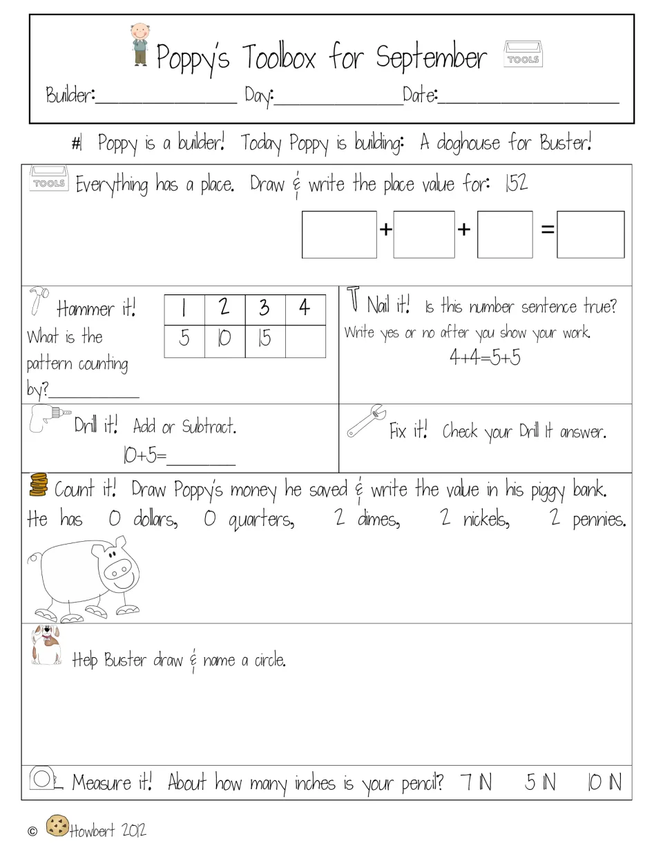 Daily spiral review #1: place value of 152, skip-count pattern, is 4+4=5+5 true, 10+5, coin value and drawing a circle