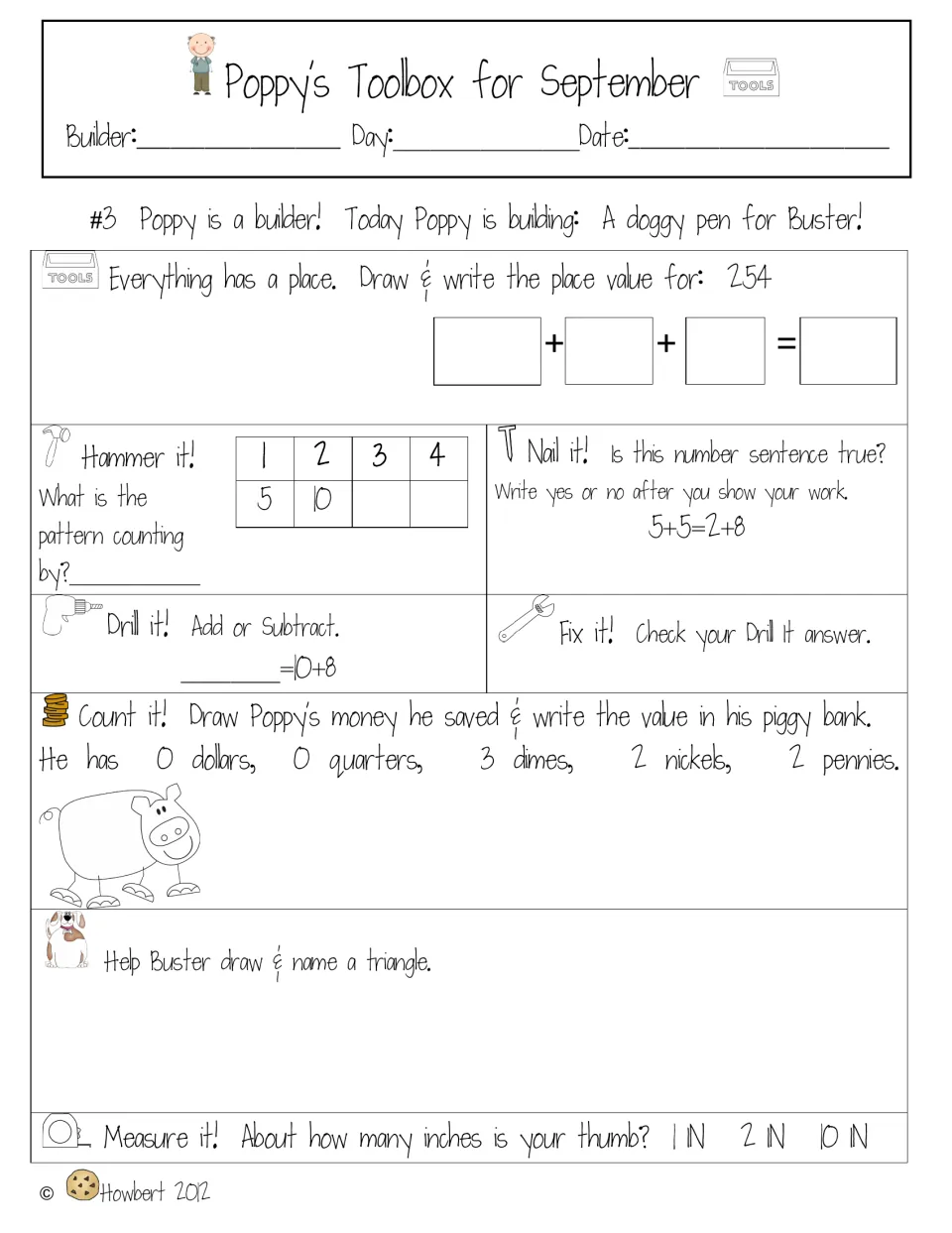 Daily spiral review #3: place value of 254, skip-count pattern, is 5+5=2+8 true, 10+8, coin value and drawing a triangle