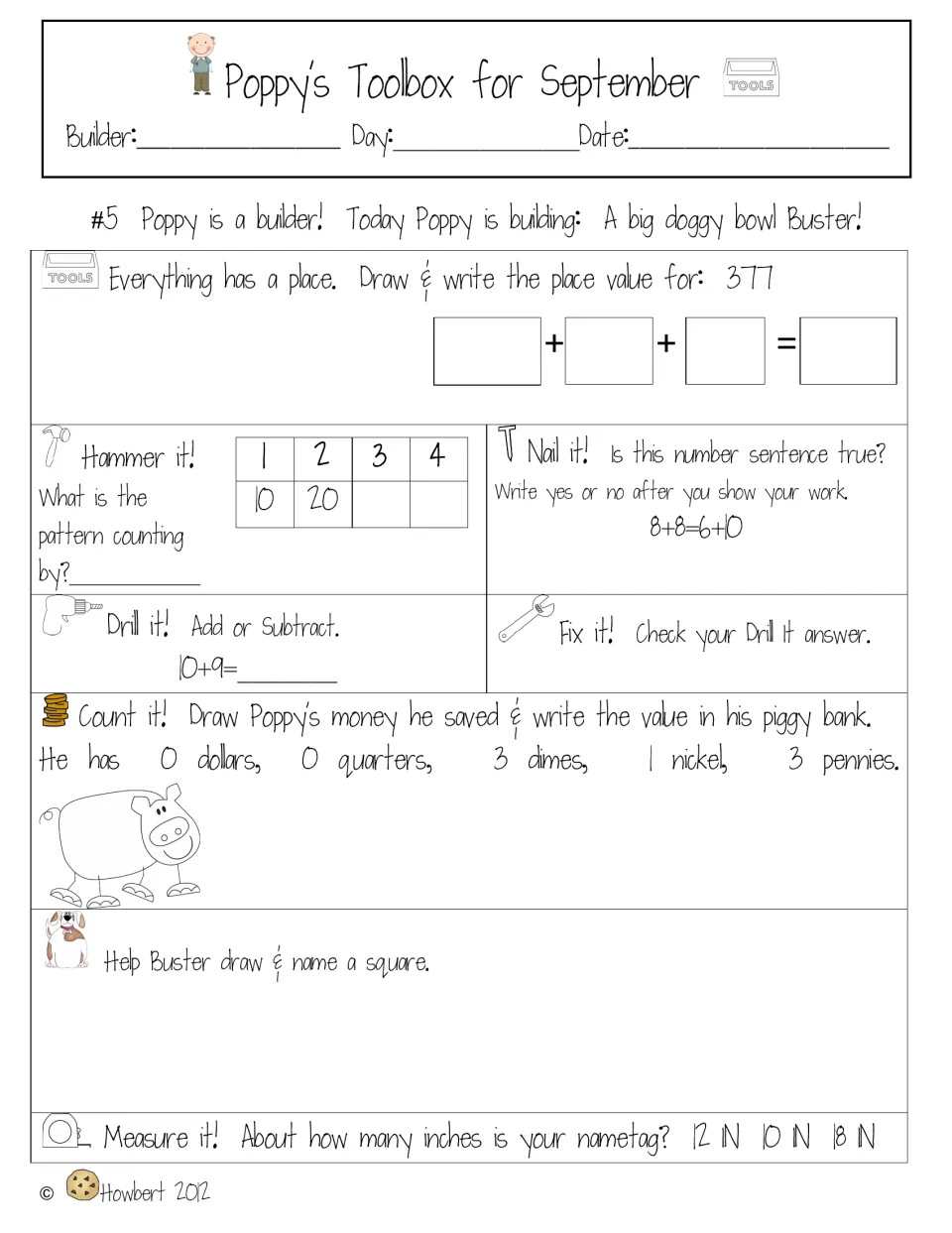 Daily spiral review #5: place value of 377, skip-count pattern, is 8+8=6+10 true, 10+9, coin value and drawing a square
