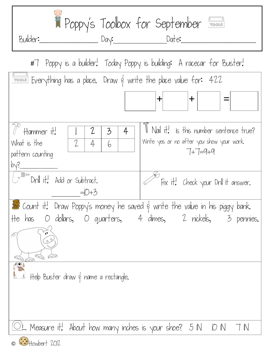 Daily spiral review #7: place value of 422, skip-count pattern, is 7+7=9+9 true, 10+3, coin value and drawing a rectangle