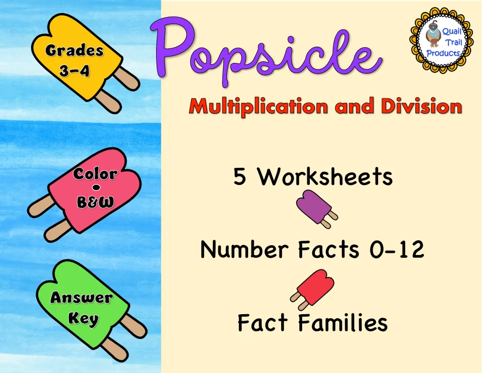 Popsicle Multiplication and Division cover: 5 worksheets on number facts 0-12 and fact families, color and B&W, answer key