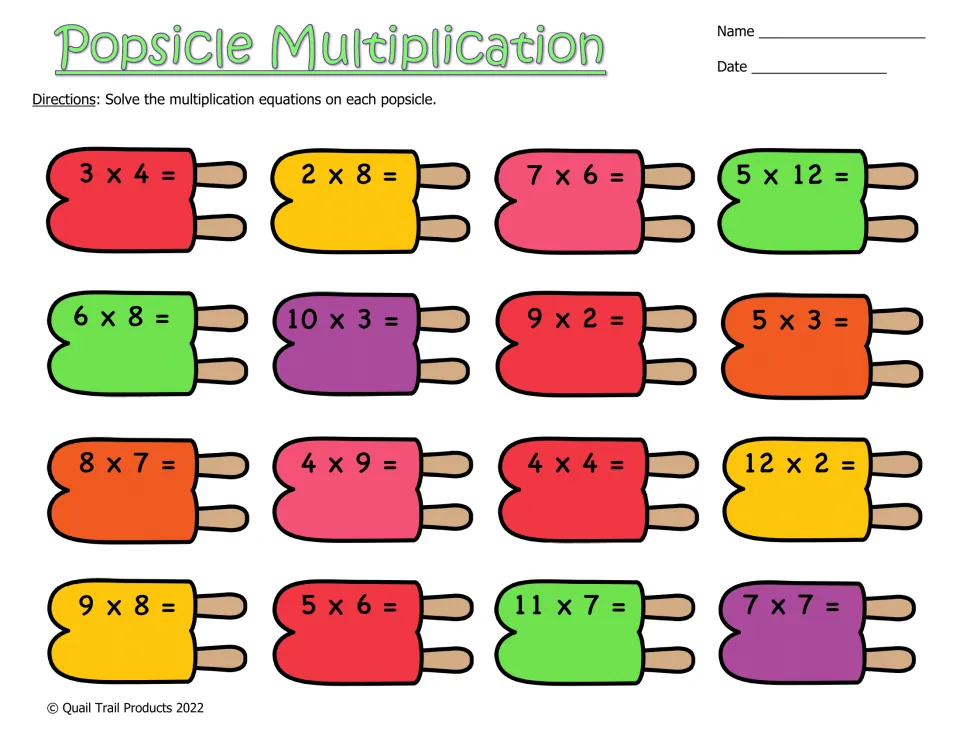 Multiplication facts practice: students solve 16 equations such as 3 x 4, 7 x 6 and 5 x 12, each written on a color popsicle