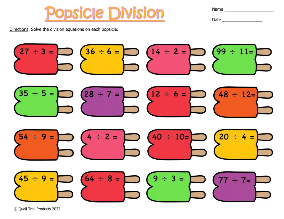 Division facts practice: students solve 16 equations such as 27 ÷ 3, 99 ÷ 11 and 48 ÷ 12, each written on a color popsicle