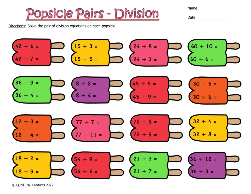 Division pairs: students solve two facts sharing a dividend on each popsicle, such as 42 ÷ 6 and 42 ÷ 7 or 24 ÷ 8 and 24 ÷ 3