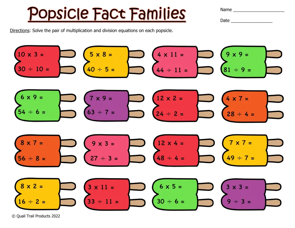 Fact families: students solve a multiplication fact and related division fact on each popsicle, such as 10 x 3 and 30 ÷ 10
