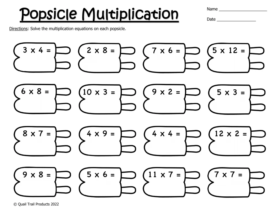 Black-and-white multiplication facts: students solve 16 equations such as 9 x 8, 11 x 7 and 12 x 2 on outlined popsicles