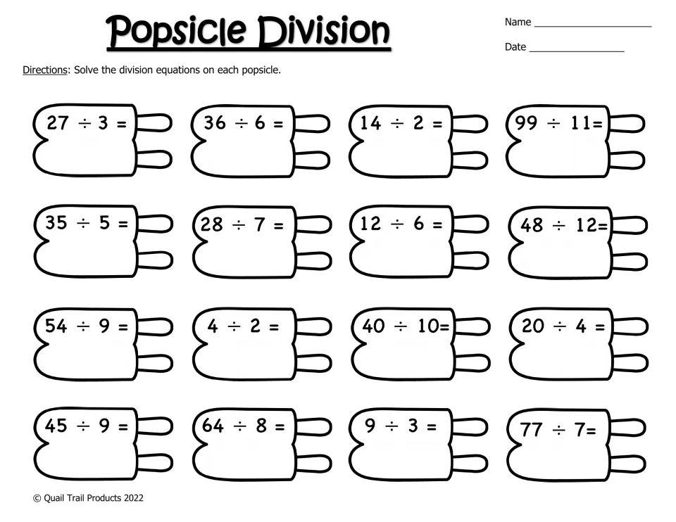 Black-and-white division facts: students solve 16 equations such as 64 ÷ 8, 77 ÷ 7 and 40 ÷ 10 written on outlined popsicles