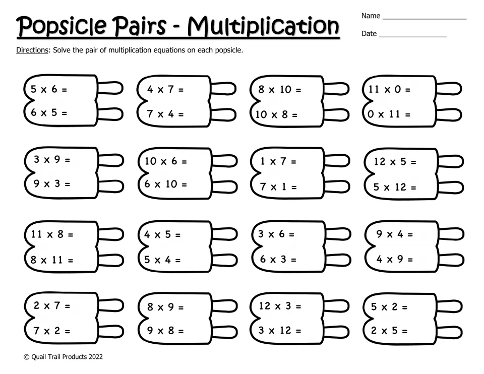 Black-and-white multiplication pairs: students solve turn-around facts like 4 x 7 and 7 x 4 or 12 x 3 and 3 x 12