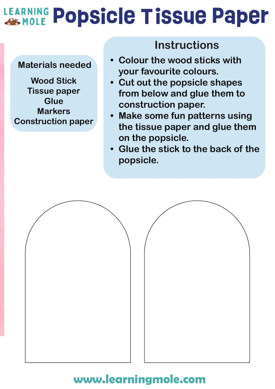 Popsicle tissue paper craft: students cut out two popsicle shapes, glue on tissue paper patterns and attach a wood stick