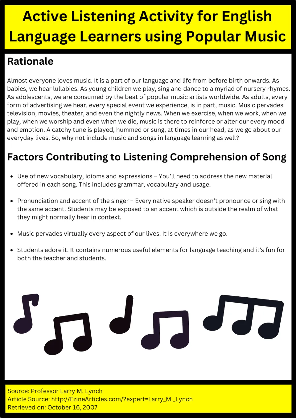 Rationale for teaching English with songs, plus factors in song listening comprehension: vocabulary, idioms and accent