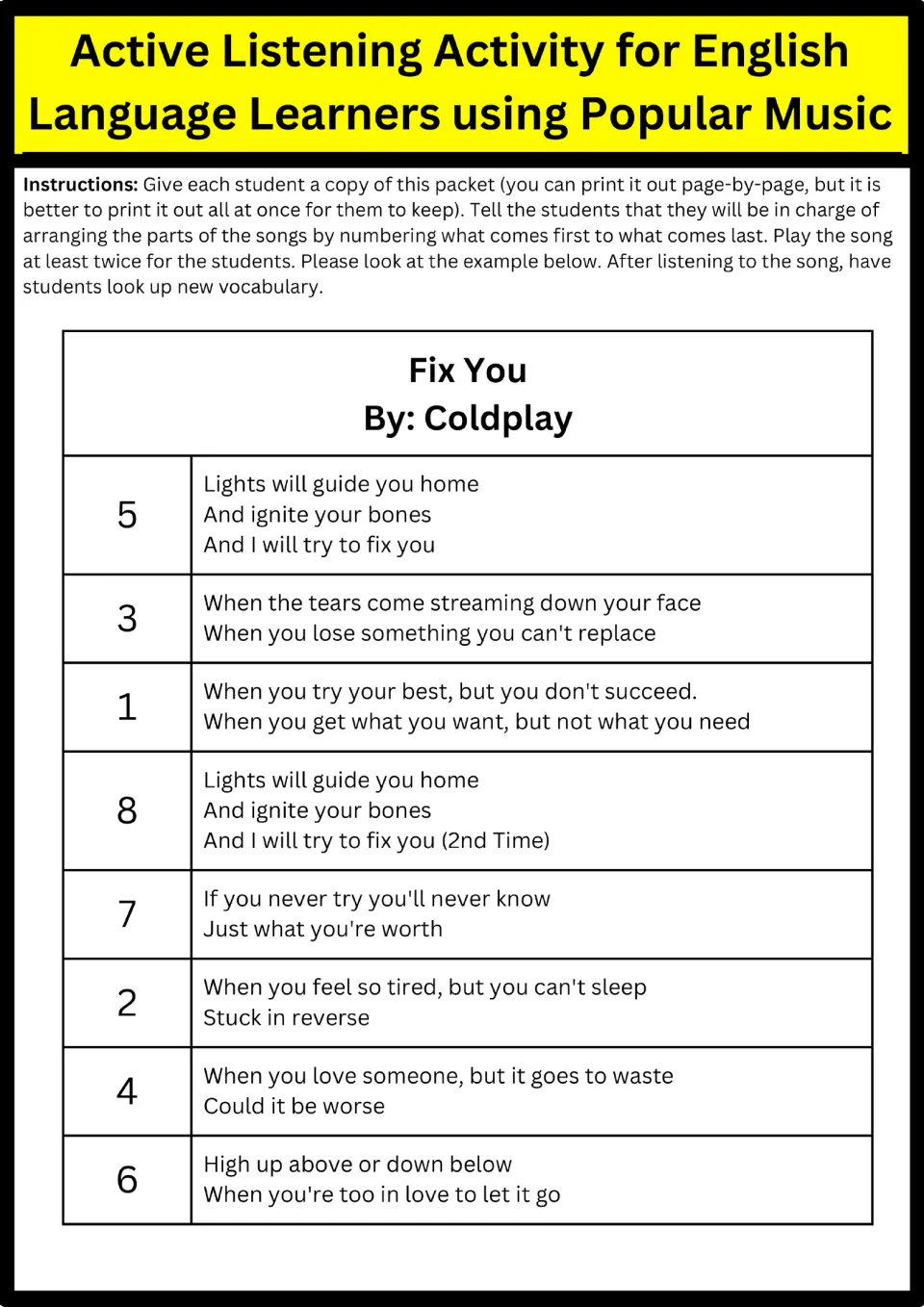 Instructions and model: Fix You by Coldplay with its eight lyric sections numbered 1 to 8 in the order they are sung
