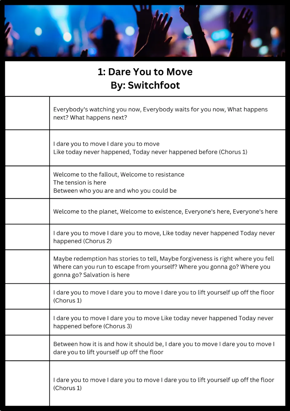 Song 1, Dare You to Move by Switchfoot: students listen and number ten lyric sections in the order they hear them