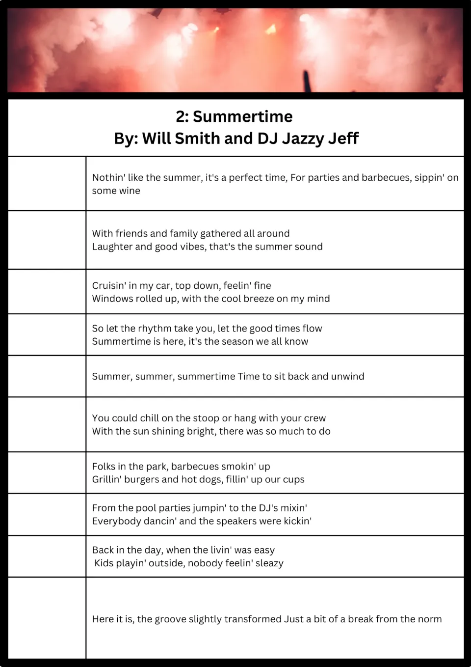 Song 2, Summertime by Will Smith and DJ Jazzy Jeff: students sequence ten scrambled lyric sections while listening