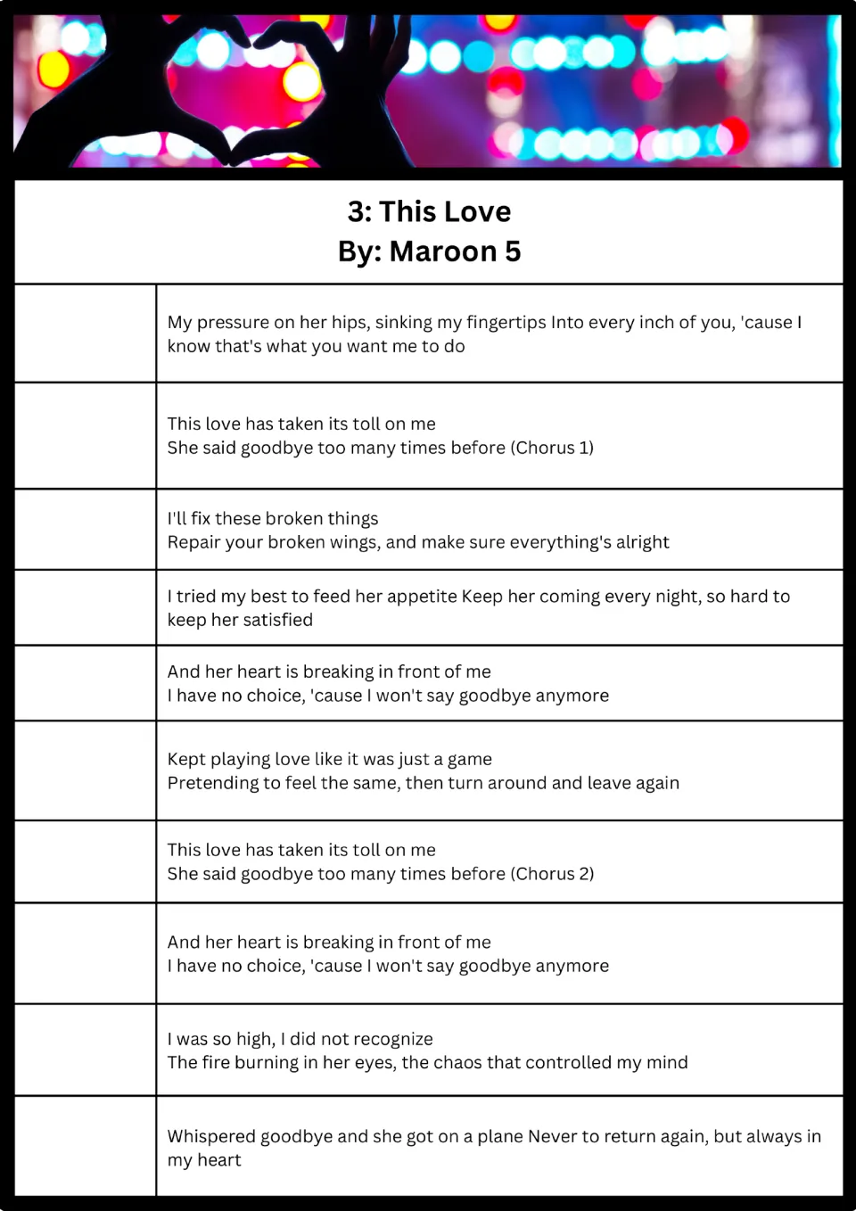 Song 3, This Love by Maroon 5: students listen and write the order of ten lyric sections, including two marked choruses