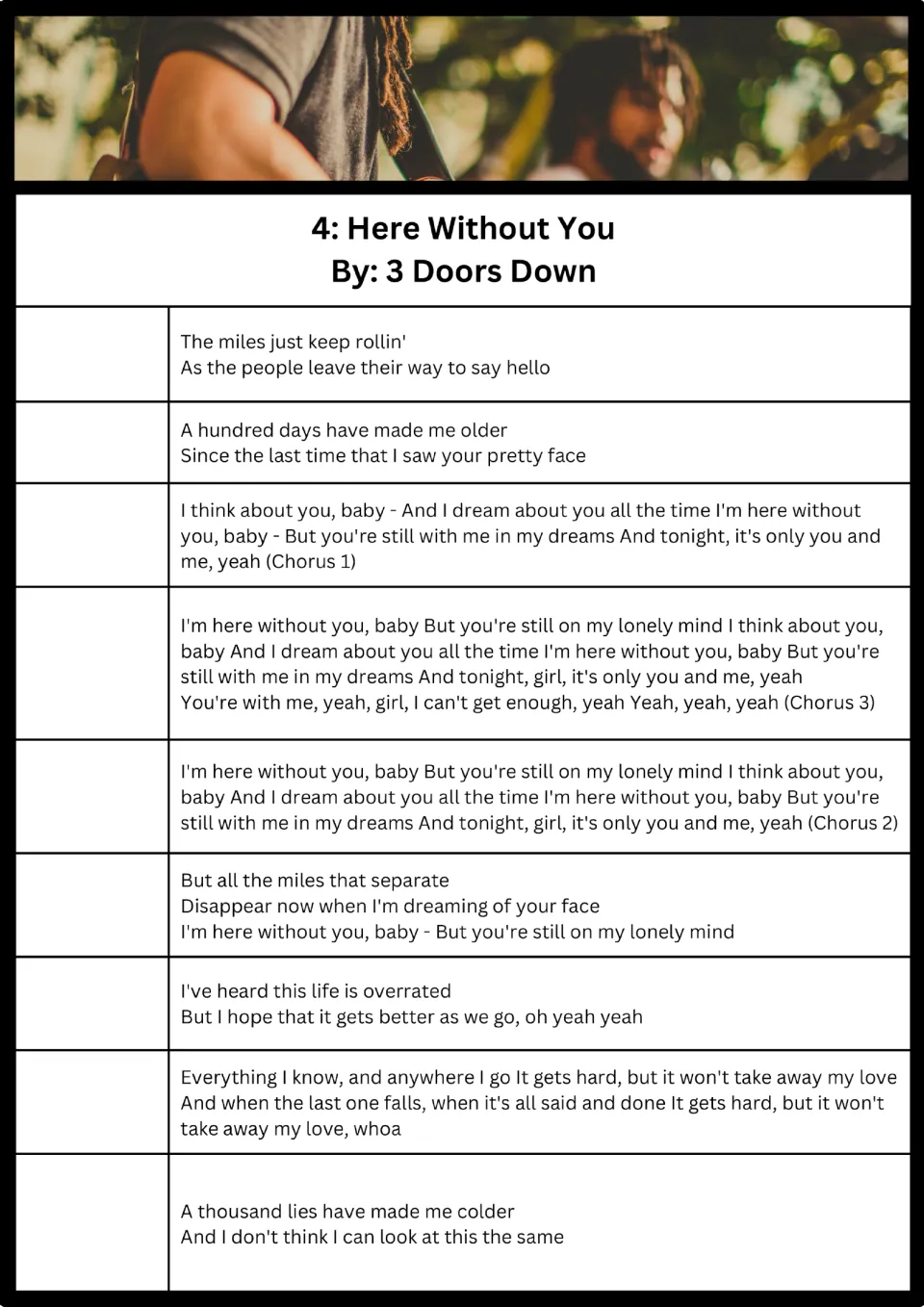 Song 4, Here Without You by 3 Doors Down: students order nine lyric sections, telling apart three similar chorus parts