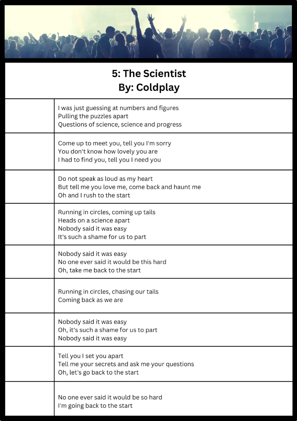 Song 5, The Scientist by Coldplay: students listen and number nine scrambled lyric sections in the order they are sung