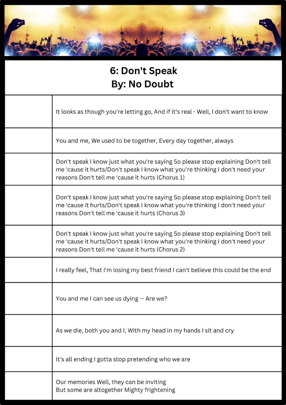 Song 6, Don't Speak by No Doubt: students sequence ten lyric sections, including three numbered choruses