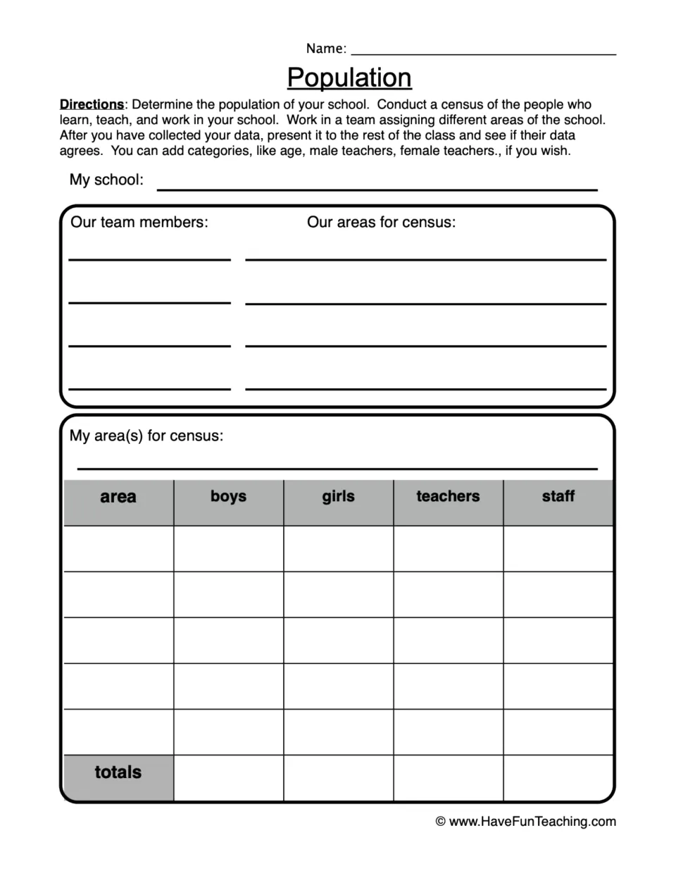 School population census worksheet for assigning team areas and counting boys, girls, teachers, and staff.