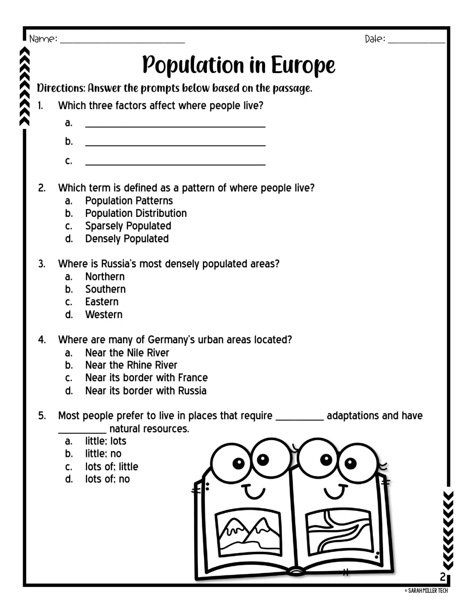 Reading comprehension activity: five questions on population distribution, Russia, Germany, and resources.