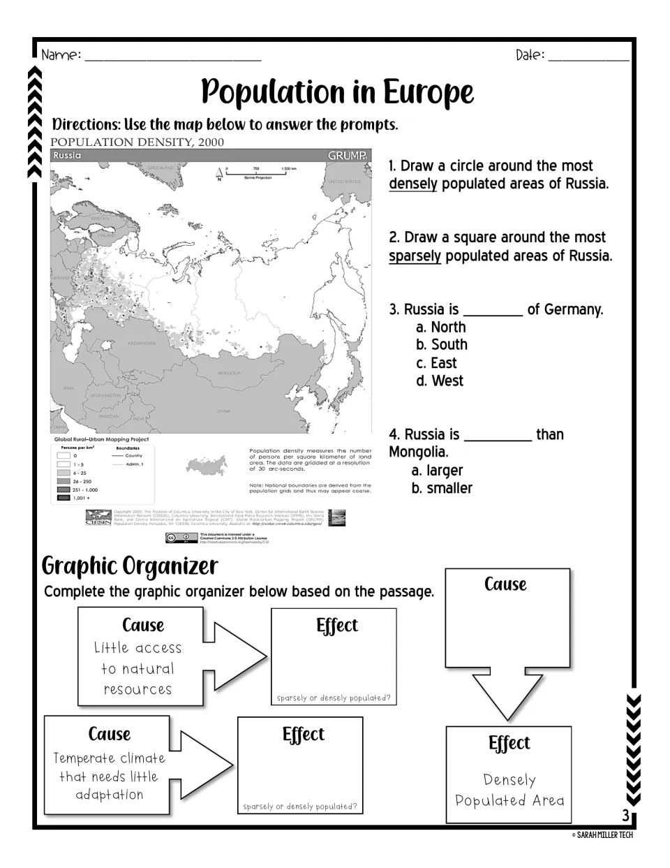 Map activity: identify Russia’s population patterns and complete cause-and-effect organizers using the passage.