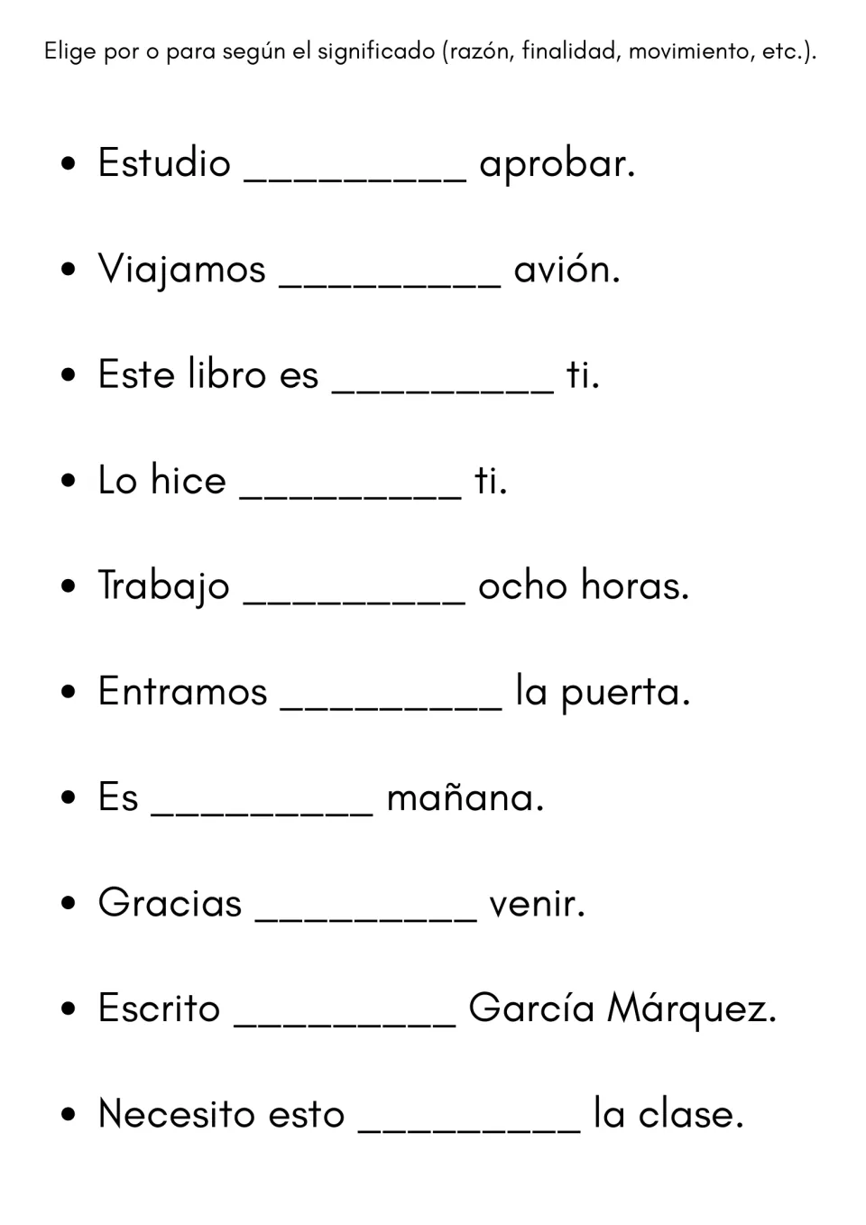 Spanish preposition choice by meaning: students fill 10 blanks with por or para, as in Viajamos ___ avión