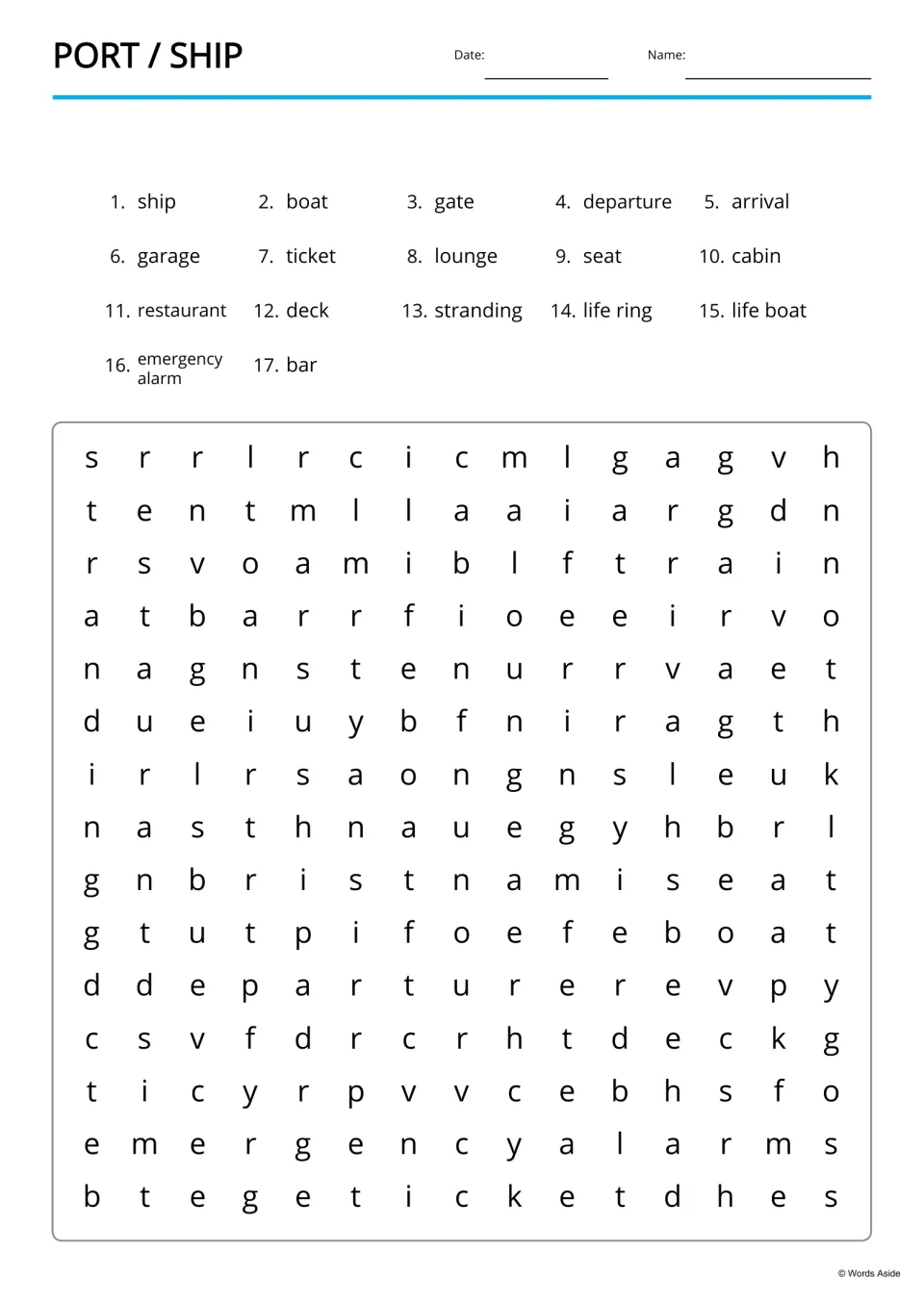 Port and ship word search: students find 17 travel words such as ship, gate, cabin, life ring and emergency alarm