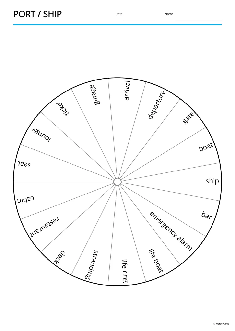 Port and ship vocabulary wheel: 17 words such as arrival, departure, deck and stranding arranged around a spinner circle