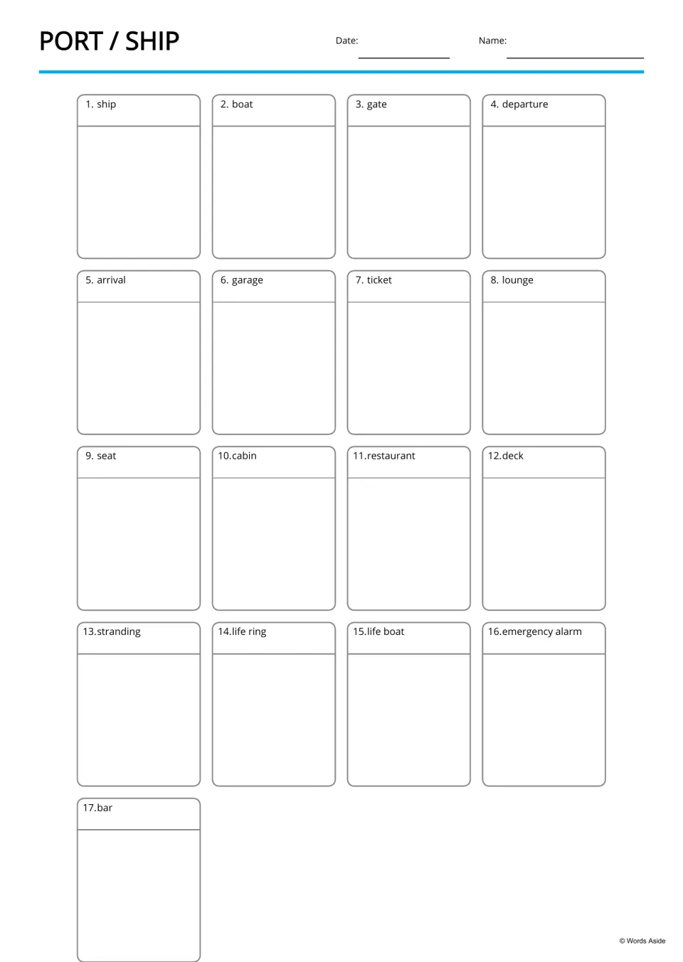 Port and ship vocabulary cards: students draw a picture for each of 17 words, from ship and boat to life boat and bar