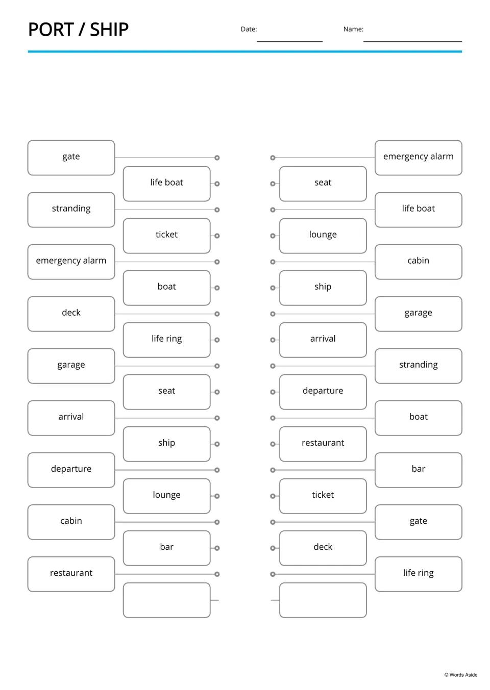 Port and ship word matching: students draw lines to connect identical words like gate, seat, cabin and life ring