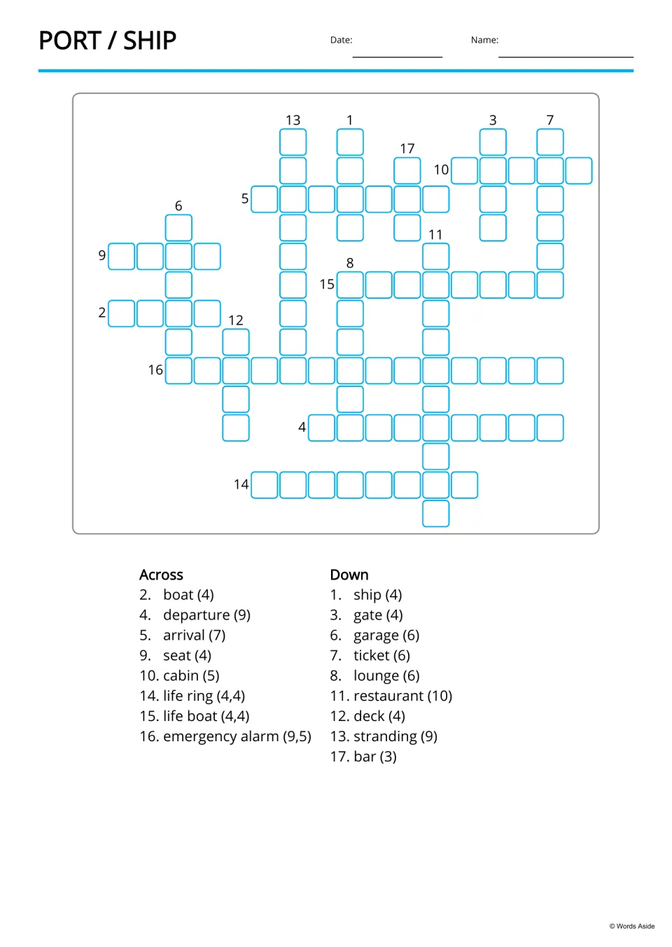 Port and ship crossword: students solve it from across and down word clues with letter counts, e.g. cabin (5)