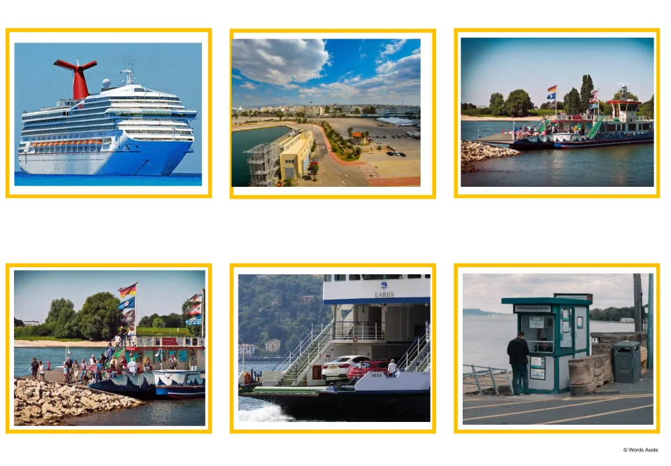 Port photo cards: a cruise ship, an aerial harbor view, ferries at a dock, a car ferry ramp and a ticket booth